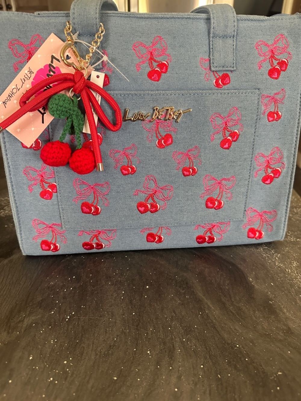 Betsey Johnson Light Blue Denim Tote with Red Cherry Embroidery